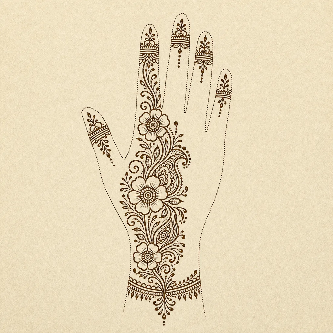 Detailed Arabic full hand mehndi design template with diagonal floral trail and finger caps