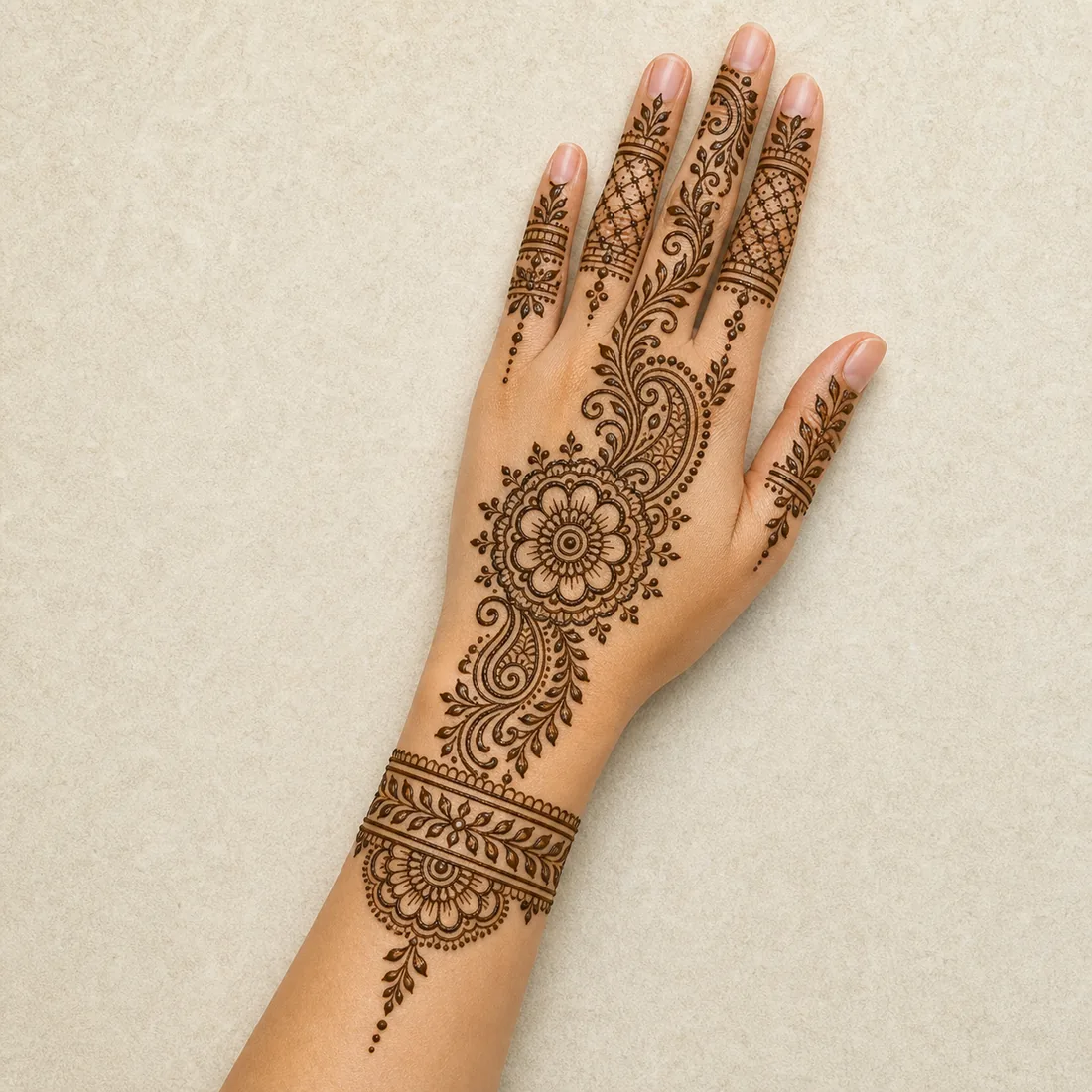 Hand placement preview of a detailed bridal inspired back hand mehndi design with mandala paisley and finger lace