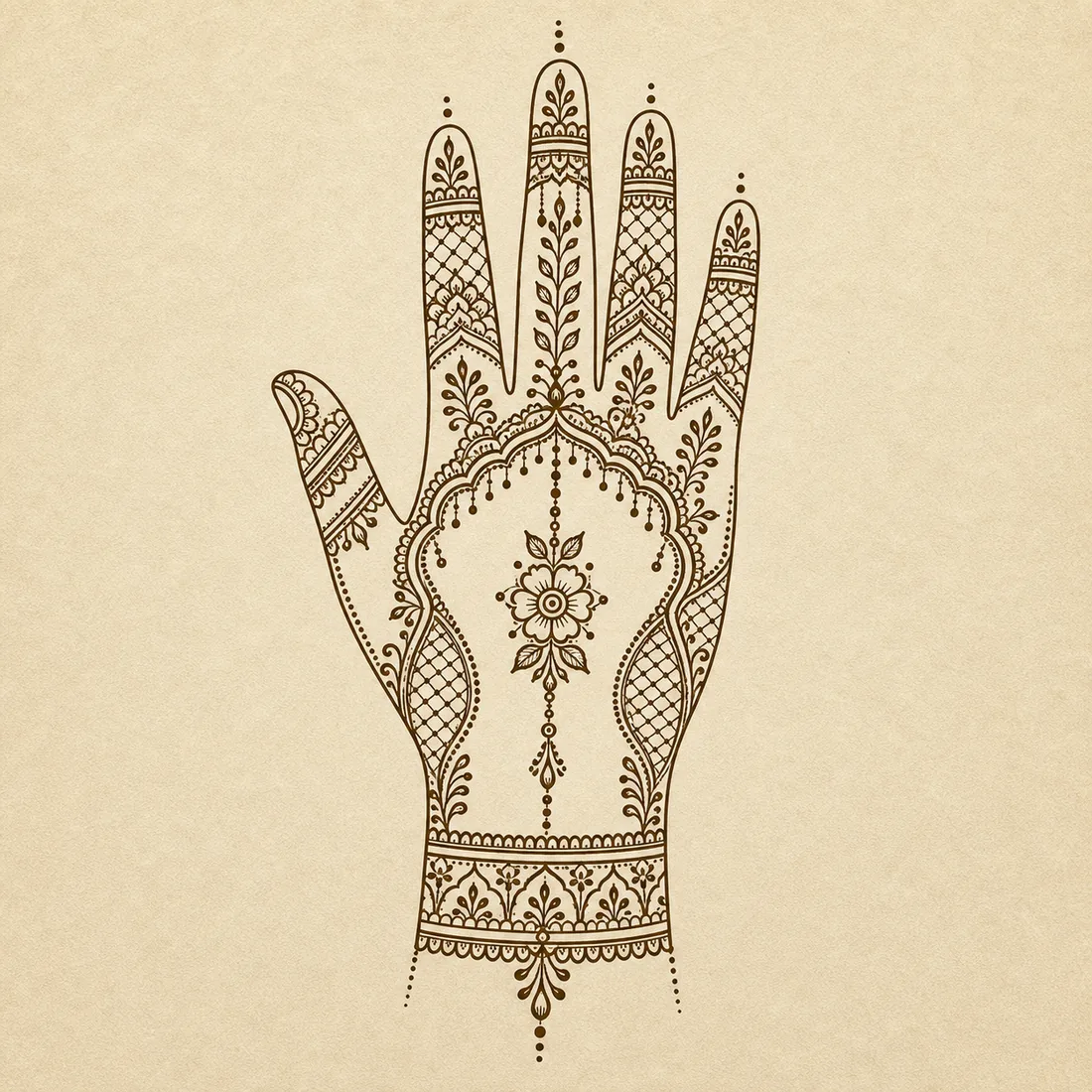 Detailed full hand mehndi finger lace template with mesh panels dots scallops and wrist chain