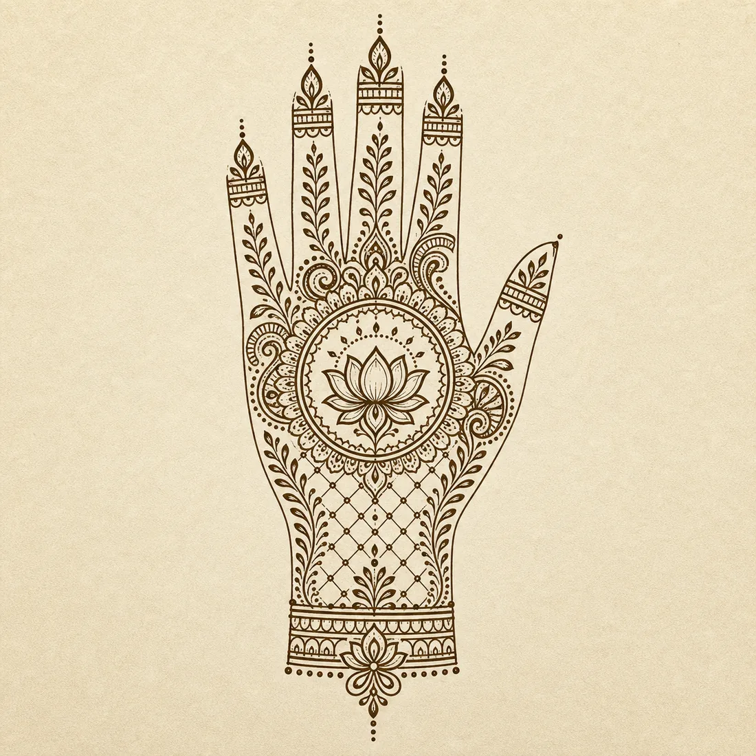 Detailed full hand mehndi lotus grid template with mandala ring leafy borders and wrist cuff