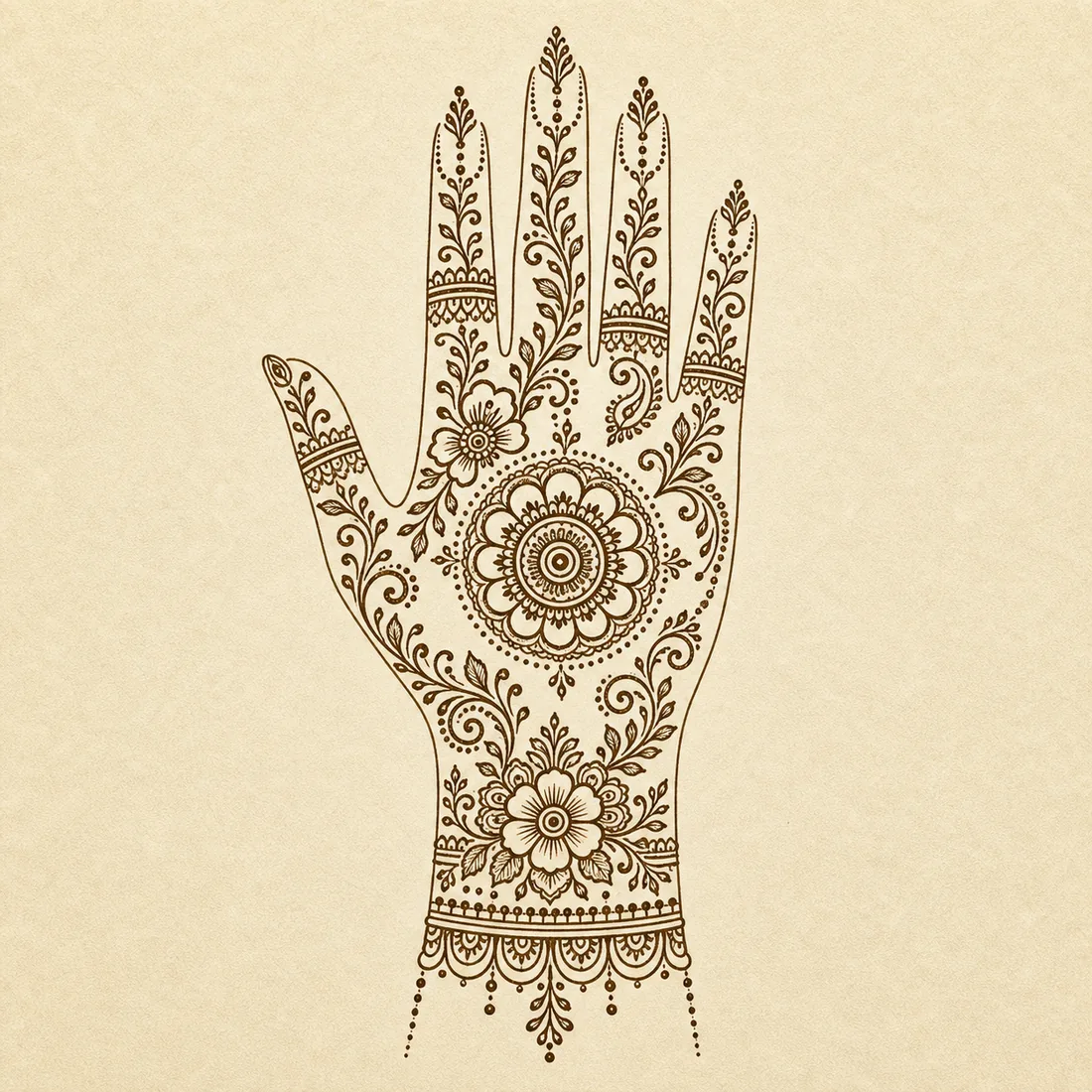 Detailed full hand mehndi design template with palm mandala finger vines and wrist cuff