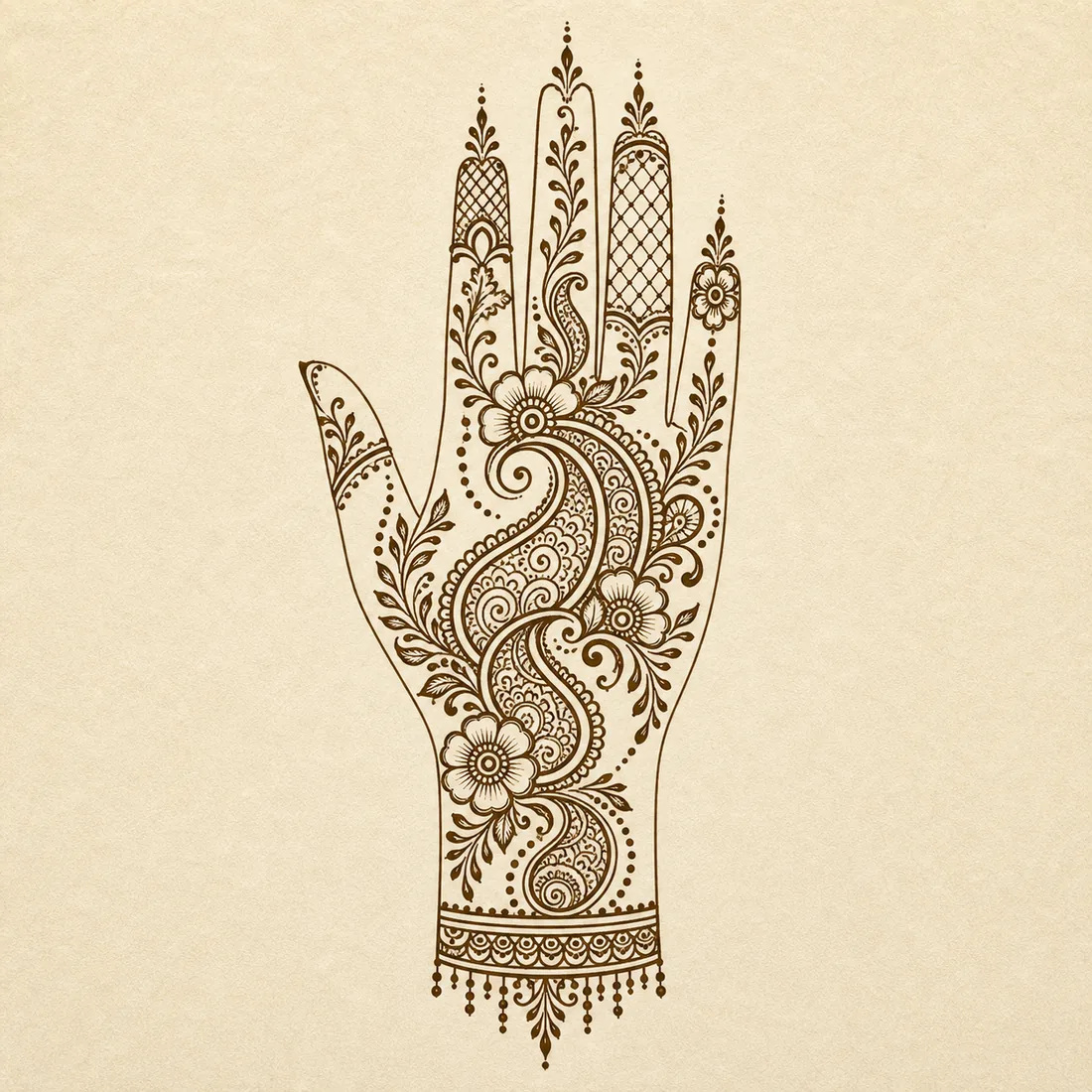 Detailed full hand mehndi paisley flow template with flowers mesh dots and wrist details