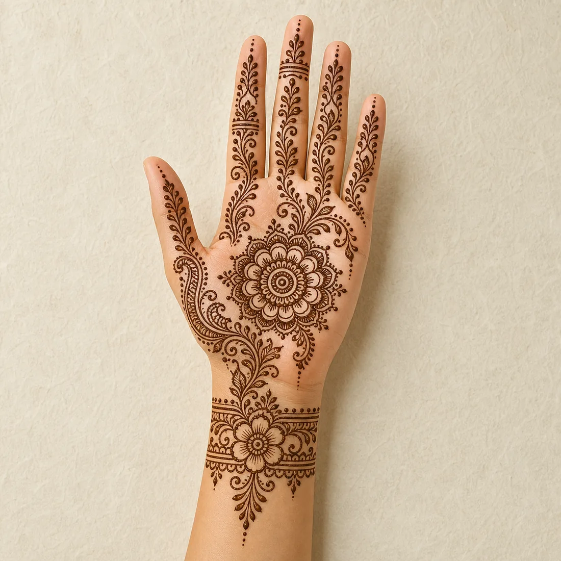 Hand placement preview of a detailed full hand mehndi design with palm mandala and wrist cuff
