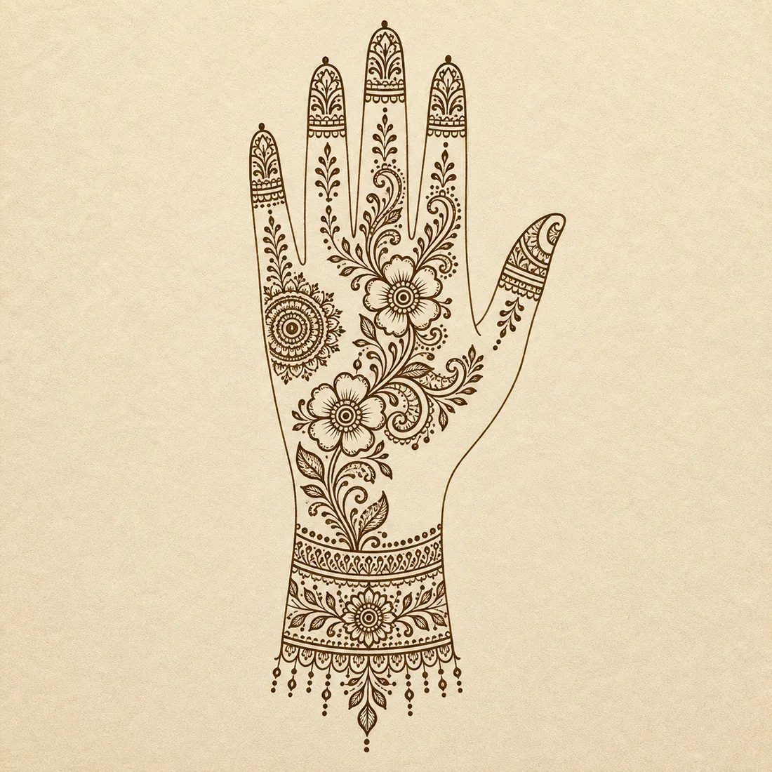 Detailed full hand mehndi wrist cuff template with floral trail finger details and paisley curls