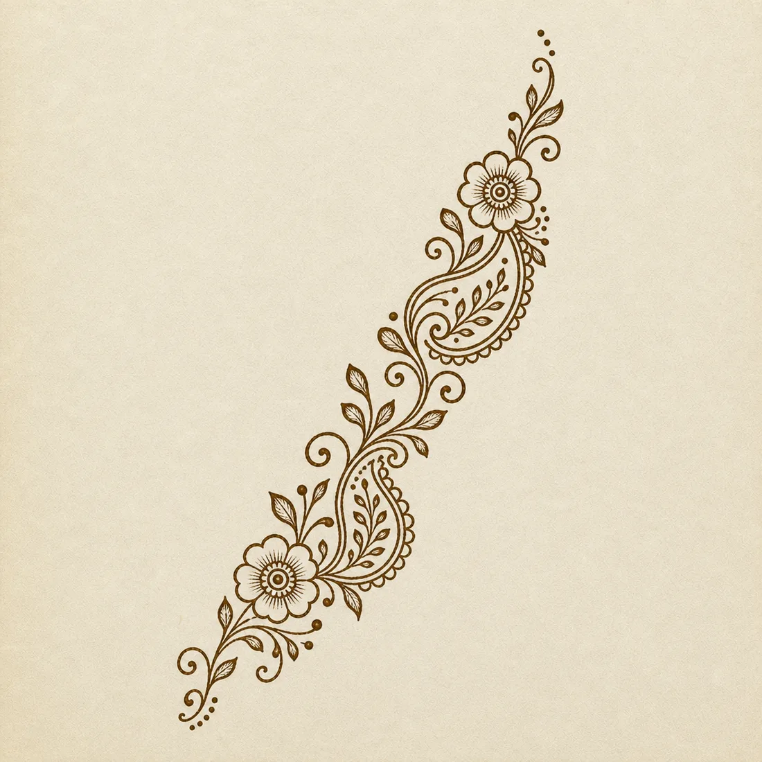 Easy Arabic mehndi diagonal floral trail template with paisley and dot clusters