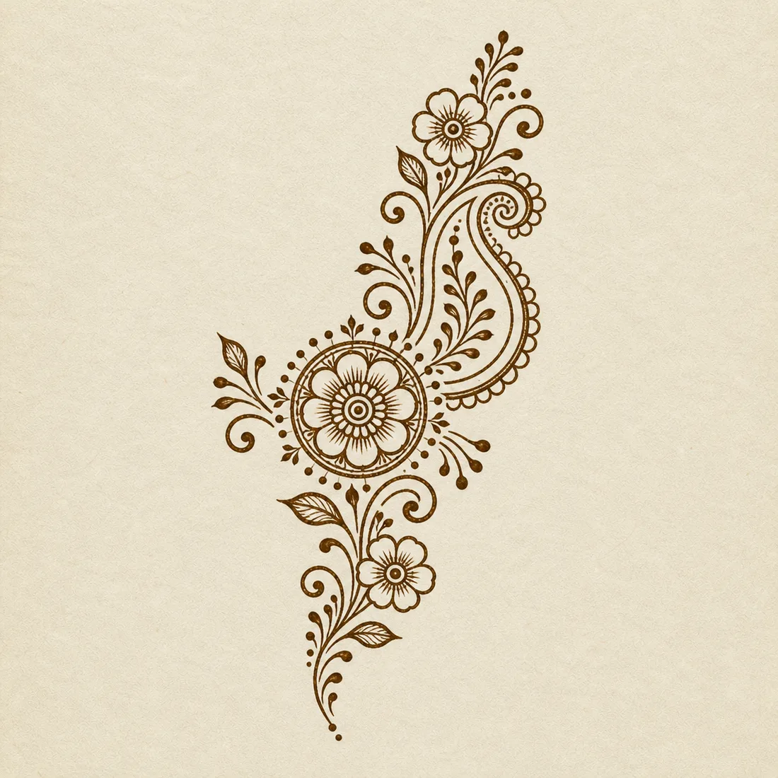 Easy Arabic mehndi floral chain template with open flowers dot trails and vines