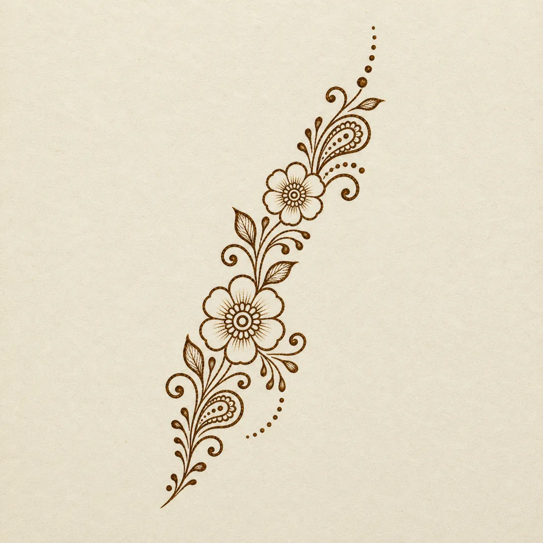 Easy Arabic mehndi open paisley trail template with flower leaves and dots