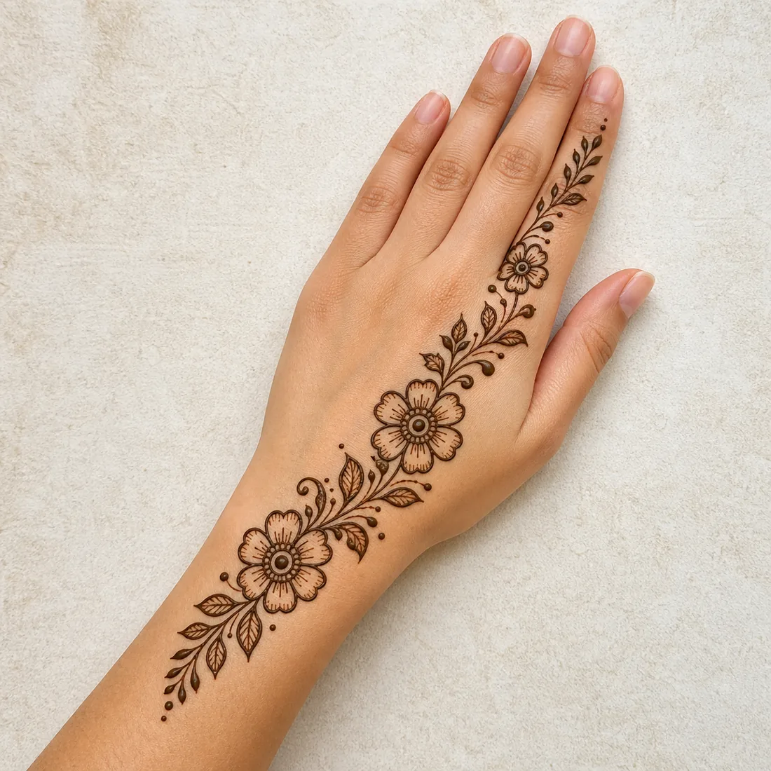 Hand placement preview of an easy back hand floral trail mehndi design