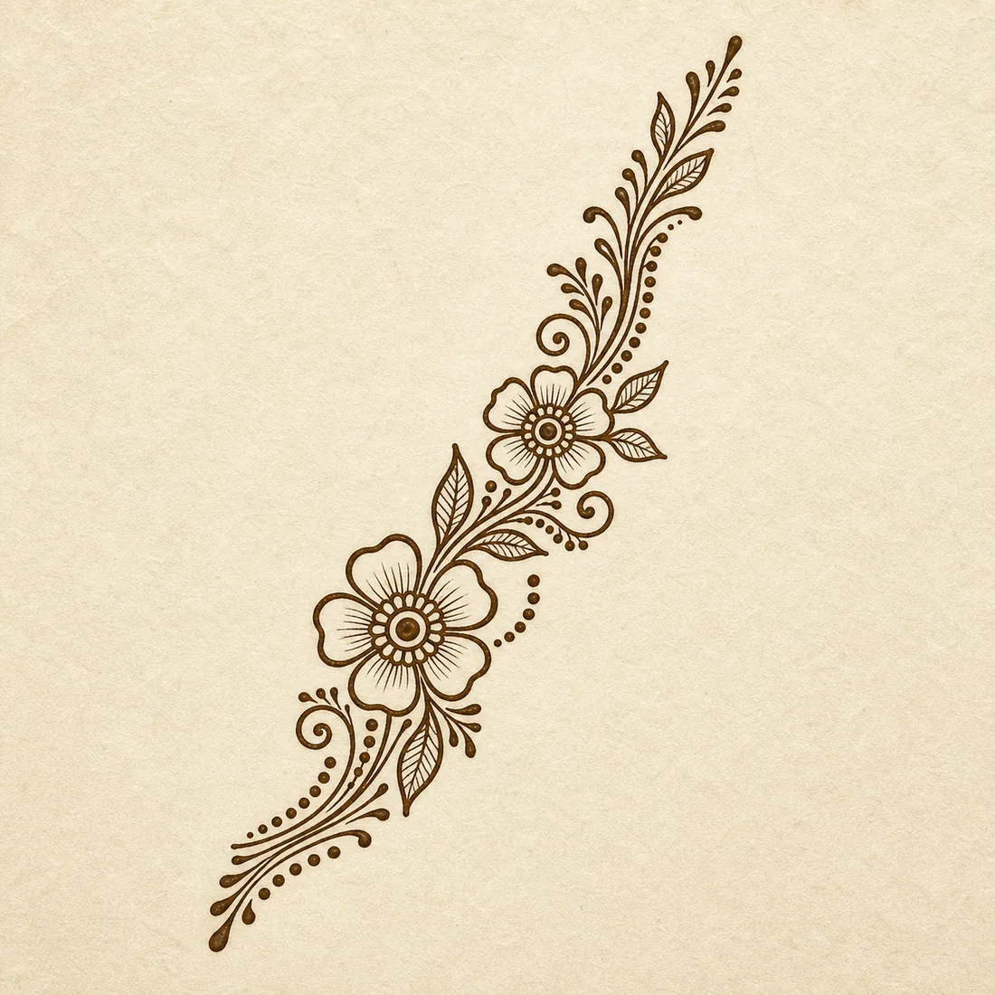 Easy back hand mehndi floral trail template on ivory paper