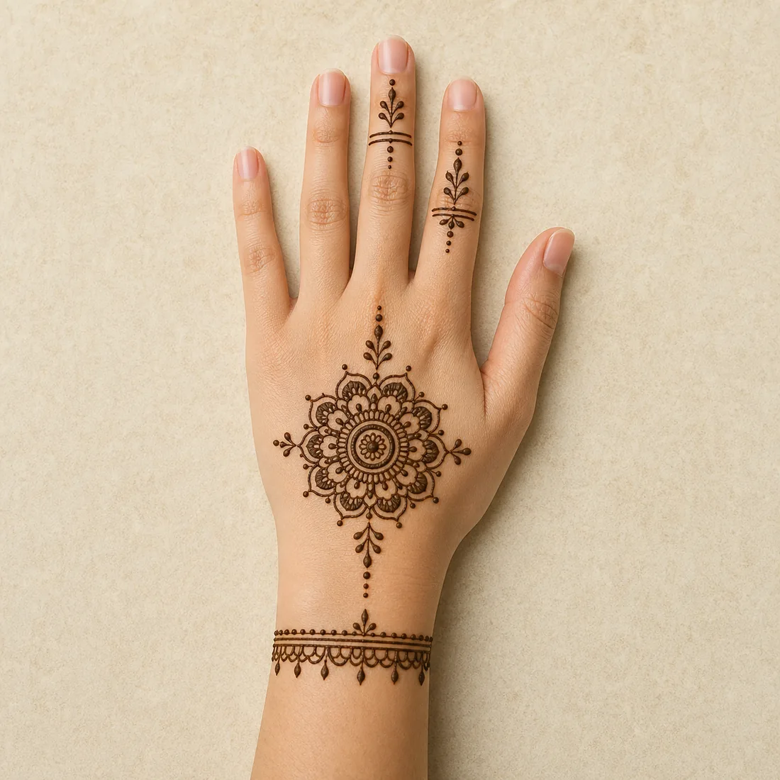 Hand placement preview of a simple back hand mandala mehndi design with wrist band
