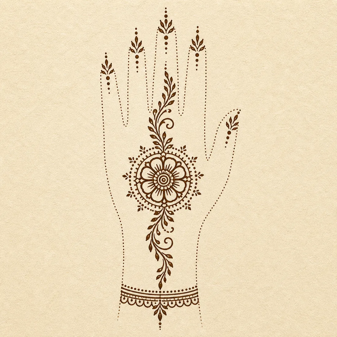 Simple back hand mehndi mandala placement template with wrist and finger accents