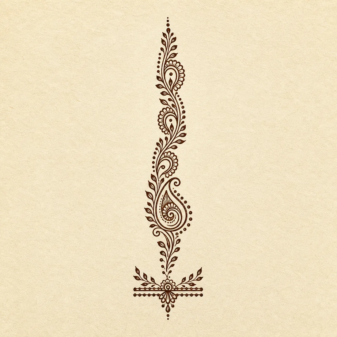 Simple back hand mehndi ring finger lace trail template with paisley dots and wrist accent
