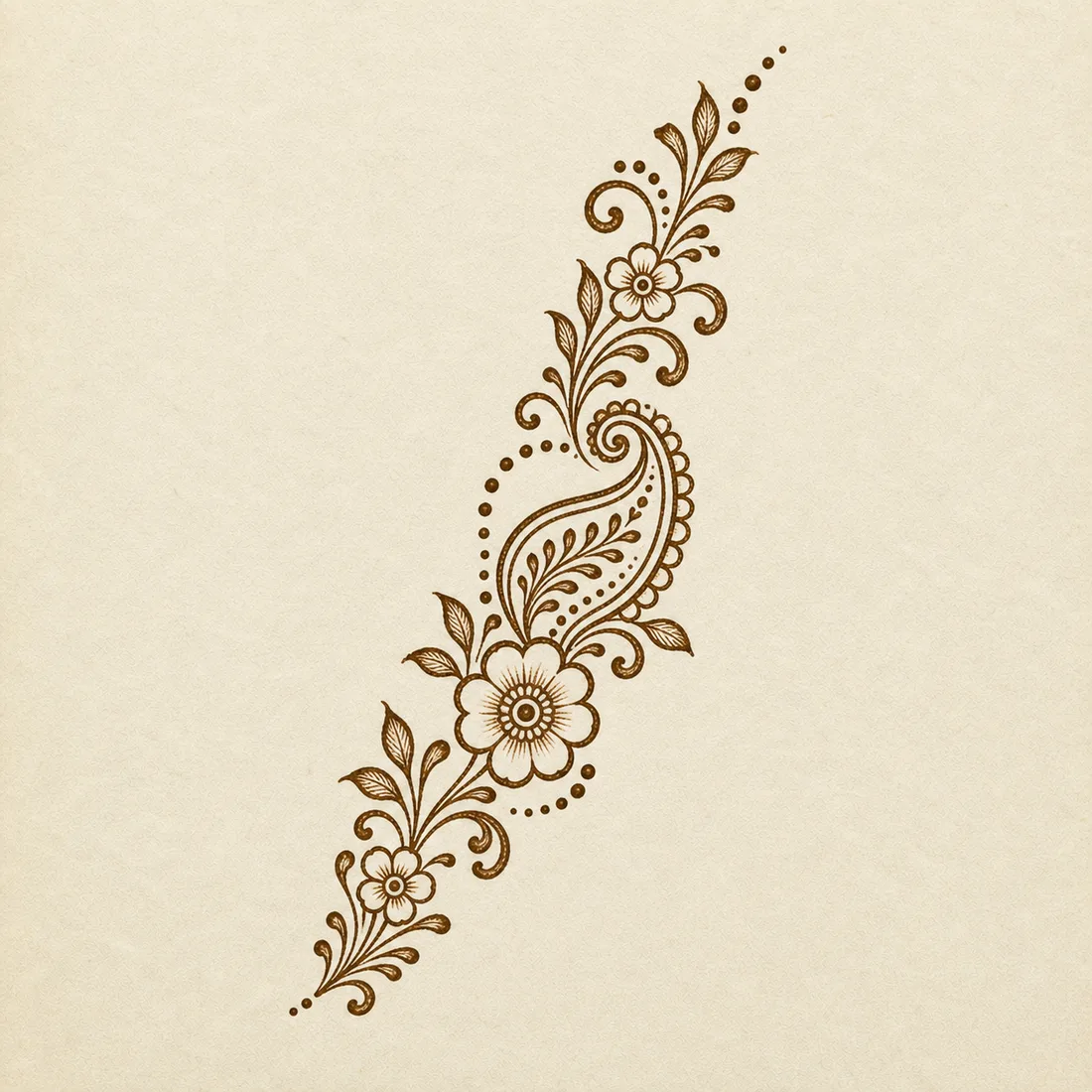 Easy Arabic style front hand mehndi template with open paisley and flowers