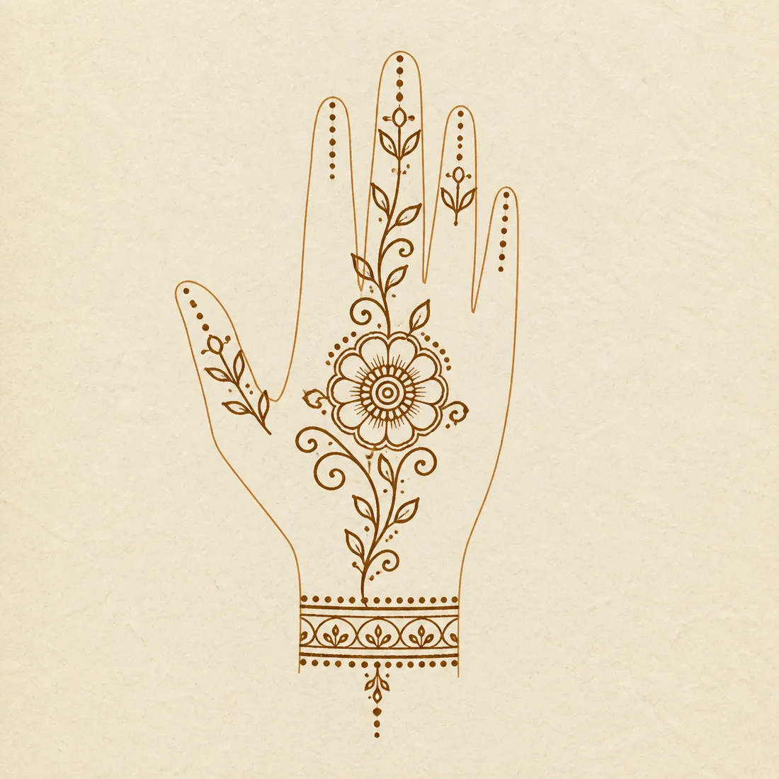 Easy front hand mehndi placement outline with leaf trail palm flower finger accents and wrist bracelet