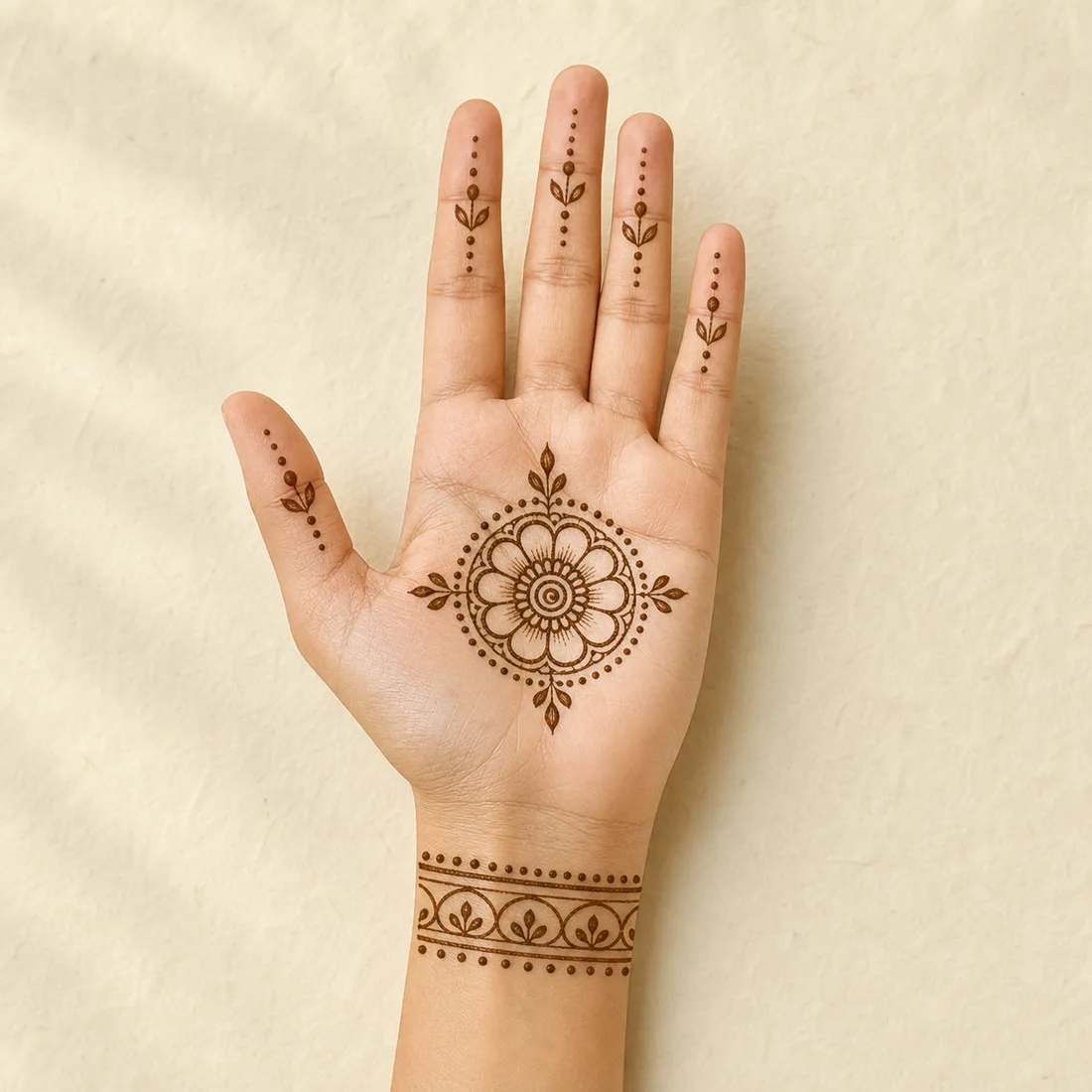 Hand placement preview of a simple mandala palm mehndi design