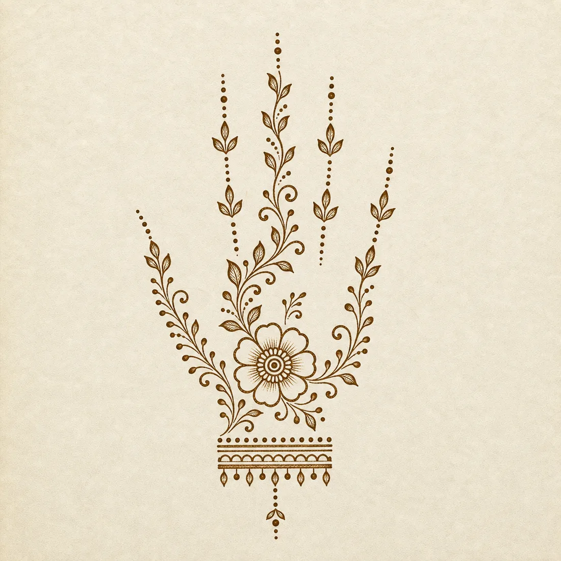 Minimal easy front hand mehndi template with small palm flower wrist line and dots