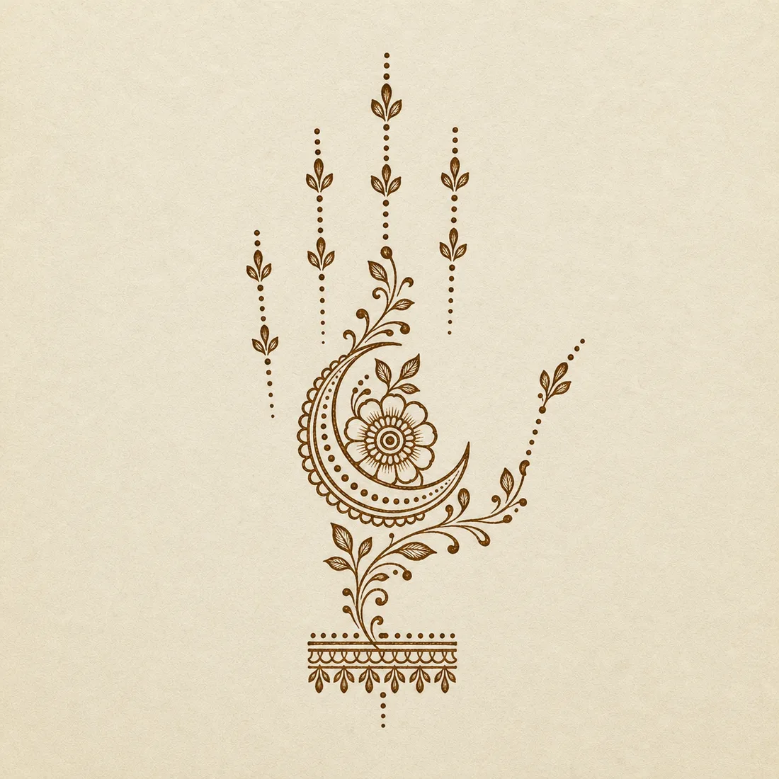 Easy front hand mehndi template with crescent moon flower and dotted finger trails