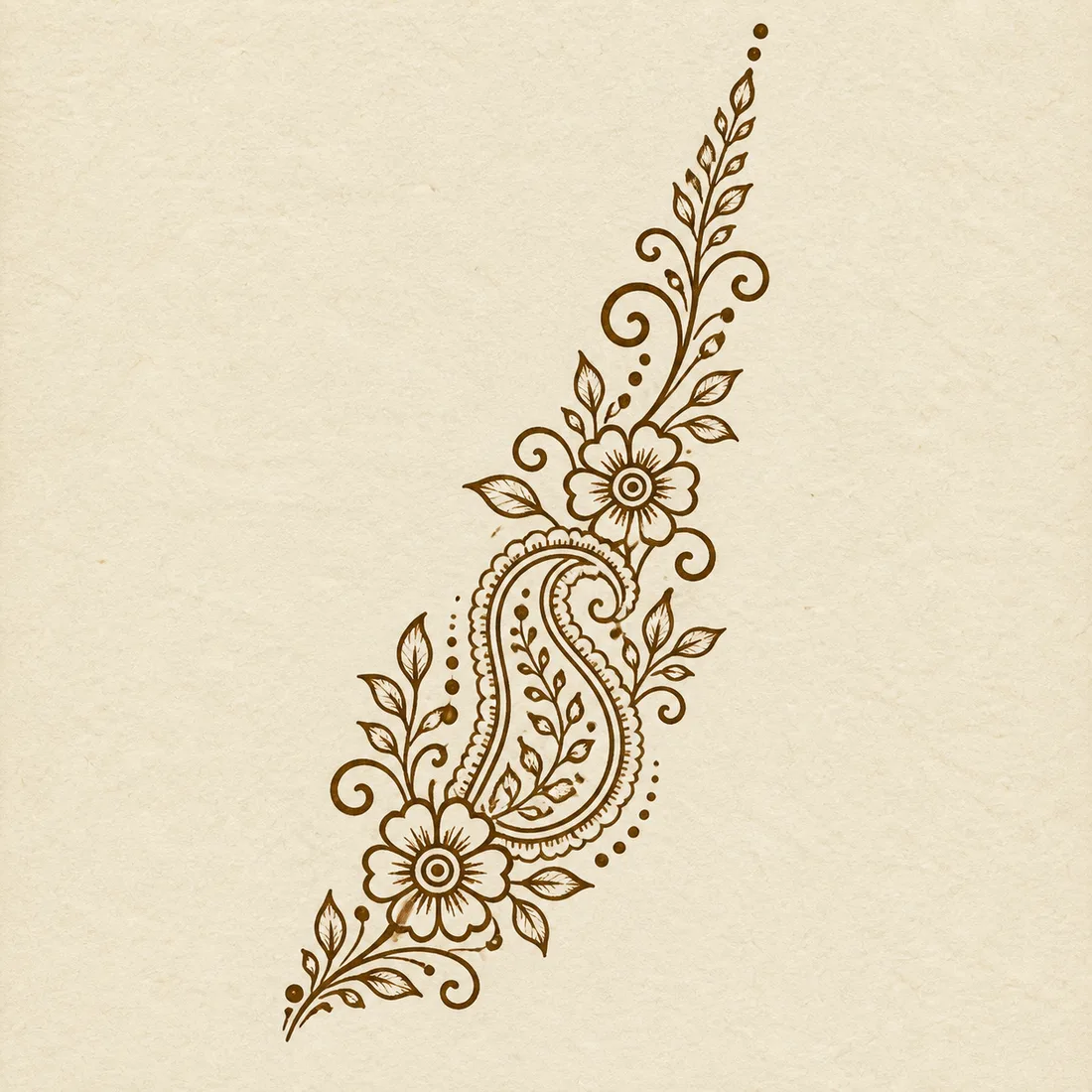 Easy front hand mehndi open paisley trail template with flowers leaves and dot accents