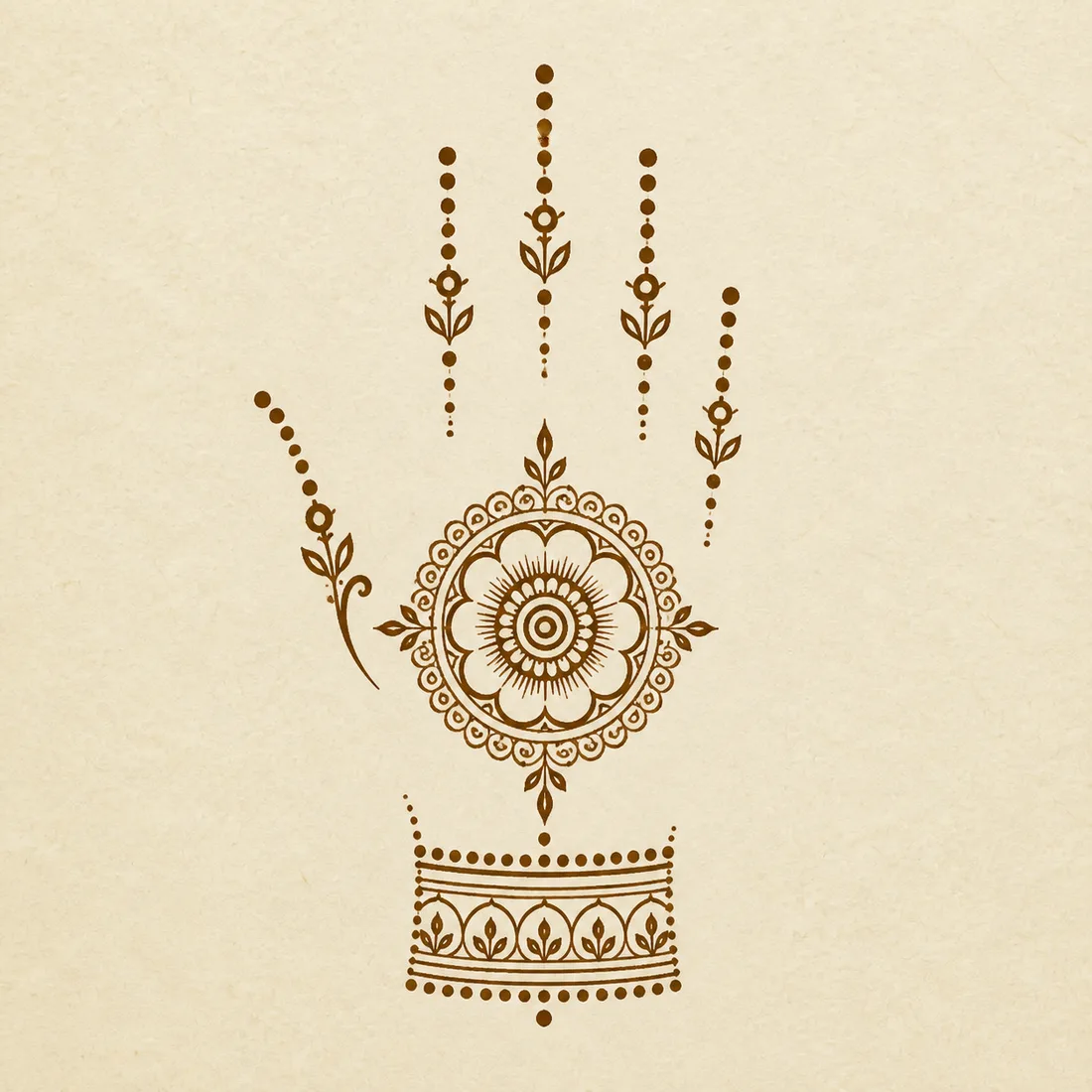 Easy front hand mehndi round tikka template with finger dot trails and bracelet border