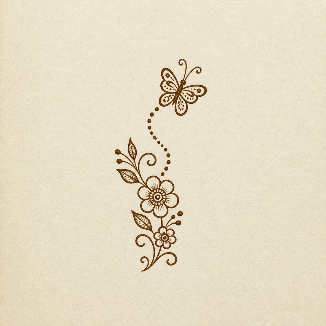 Kid friendly butterfly and flower henna design template on ivory paper
