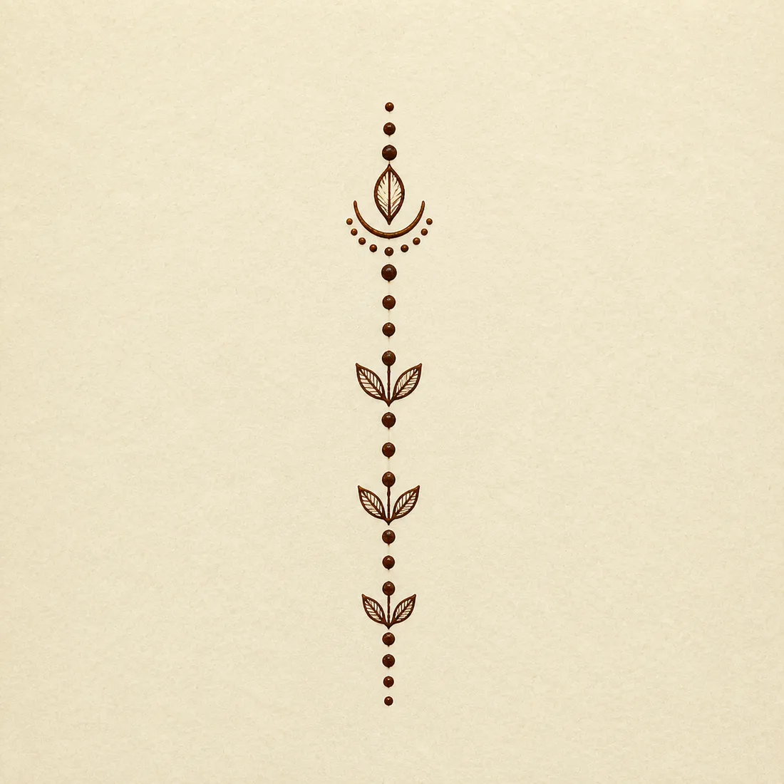 Simple finger mehndi dotted chain template with tiny leaf pairs and fingertip cap