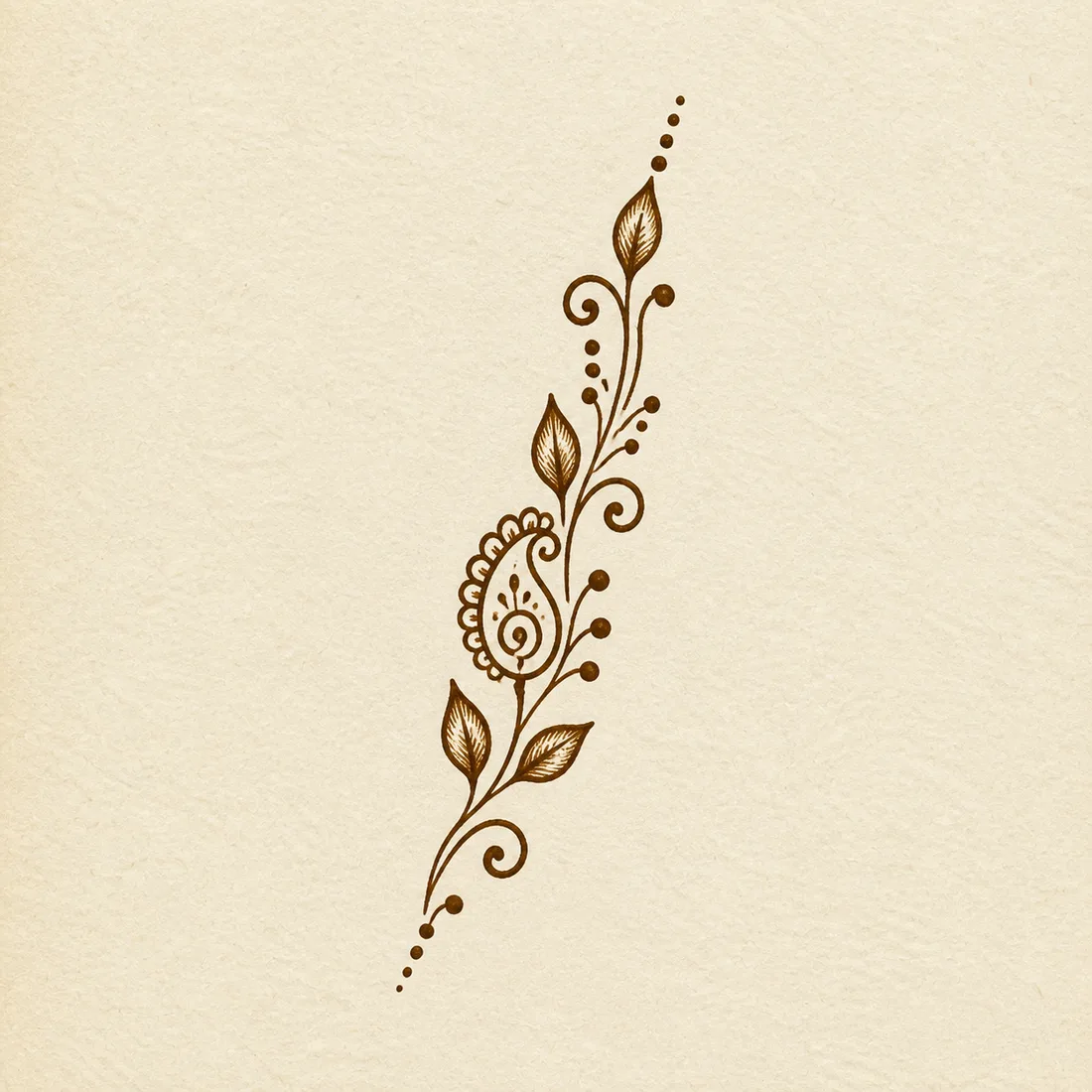 Simple side paisley finger mehndi design template with slim vine leaves and sparse dots