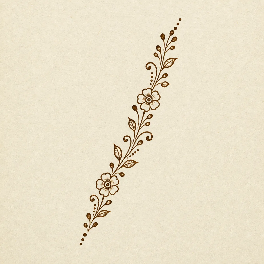Diagonal side finger mehndi vine template with flowers leaves and dots