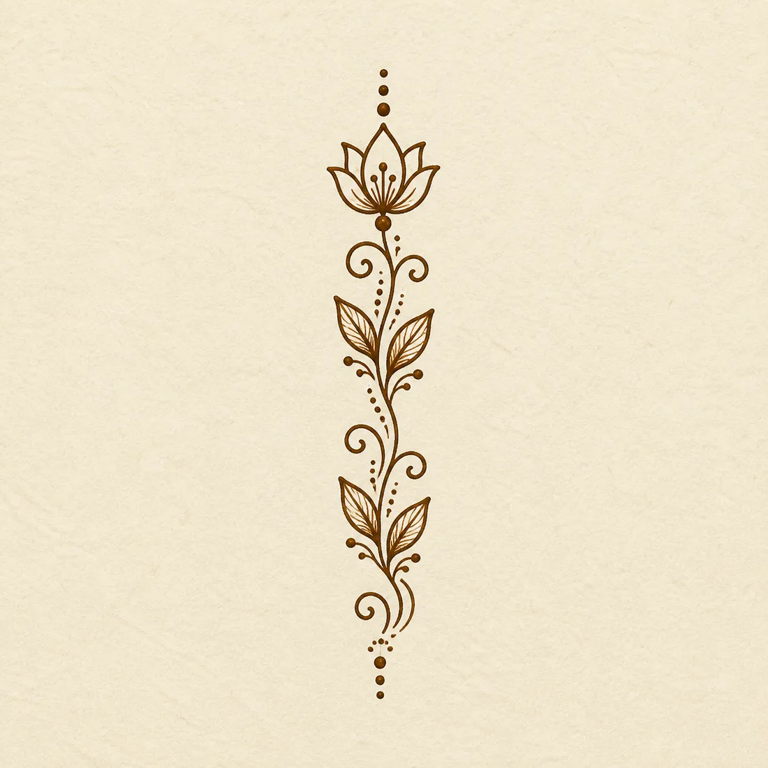 Tiny lotus finger mehndi design template with leaf pairs curls and dot accents