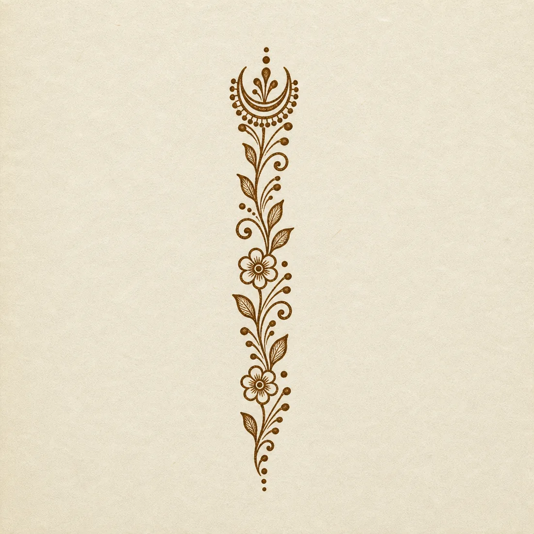 Simple finger mehndi vine template with crescent fingertip motif on ivory paper