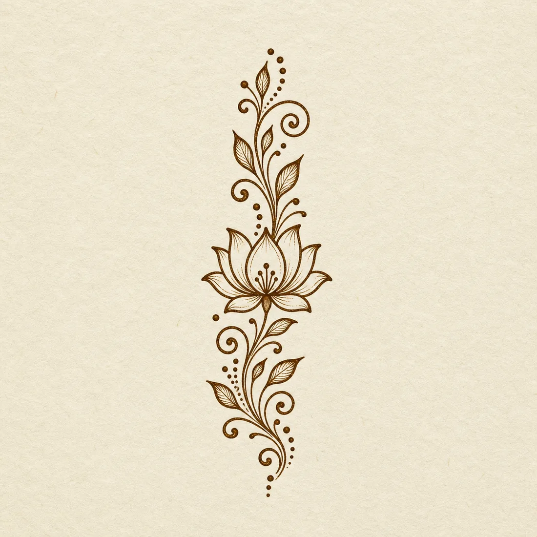 Beginner lotus vine mehndi design template with leaves curls and dotted accents