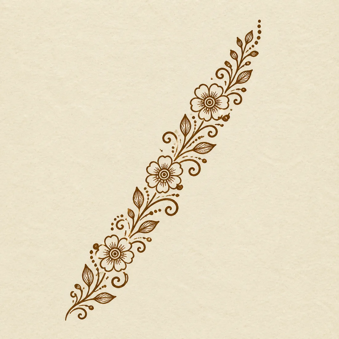 Simple diagonal leaf vine mehndi design template with flowers curls and dot clusters
