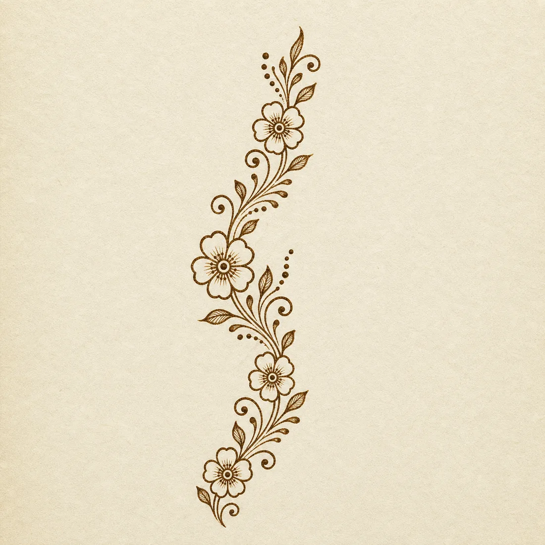 Simple front hand floral trail mehndi template with flowers leaves and dot clusters