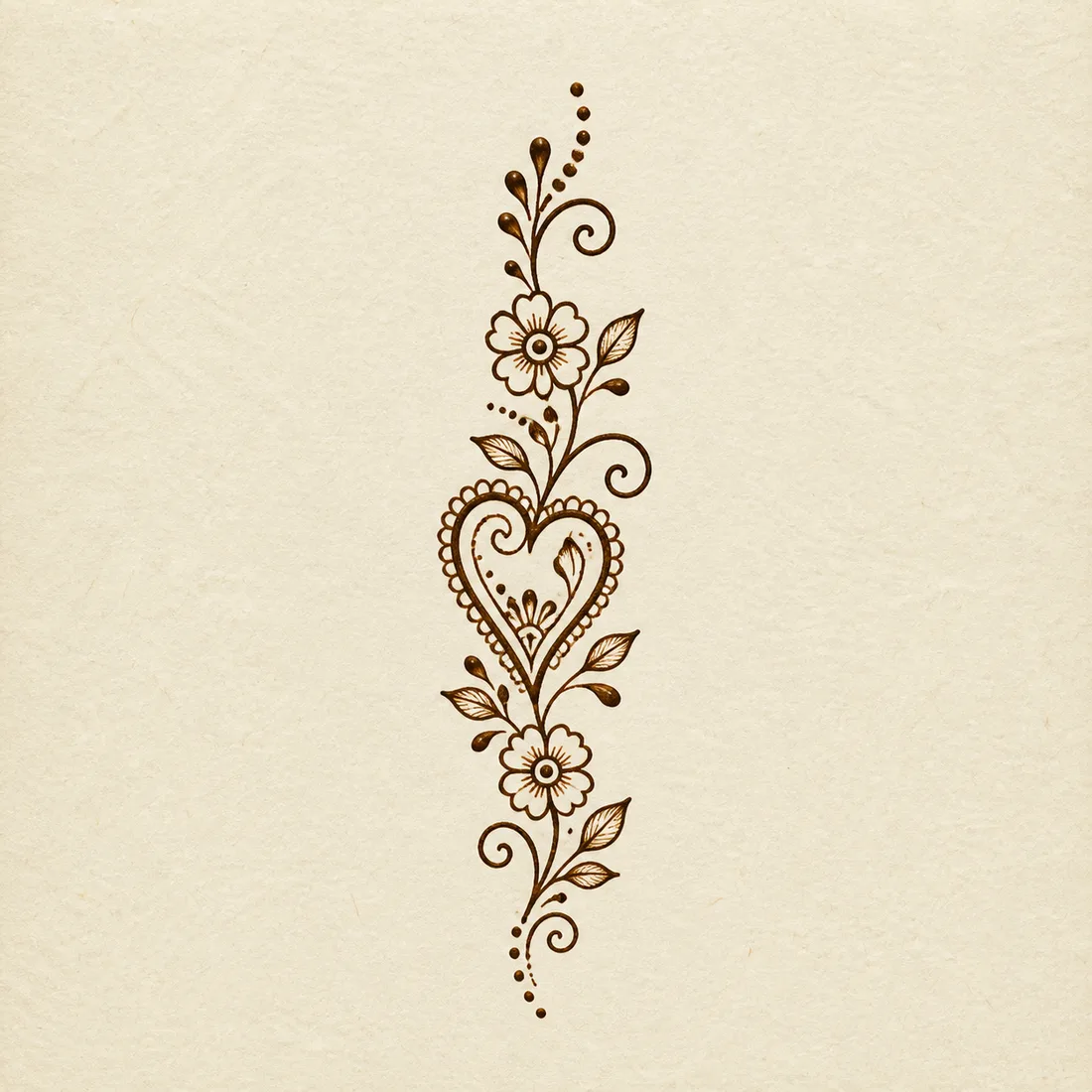 Simple heart paisley mehndi design template with small flowers leaves and dot trails