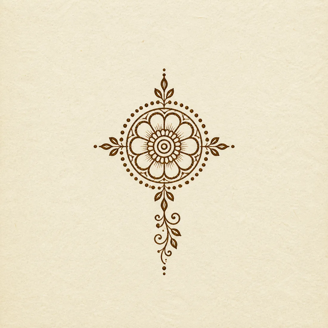 Round tikka mehndi design template with small mandala leaf sprigs and dotted halo
